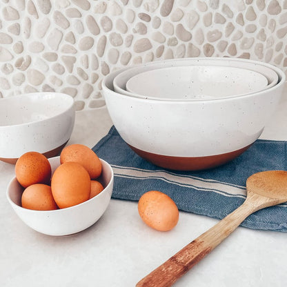 Mora Ceramic Large Mixing Bowls - Set of 2 Nesting Bowls for Cooking, Serving, Popcorn, Salad etc - Microwavable Kitchen Stoneware, Oven, Microwave and Dishwasher Safe - Extra Big 5.5 & 3.6 Qt - White