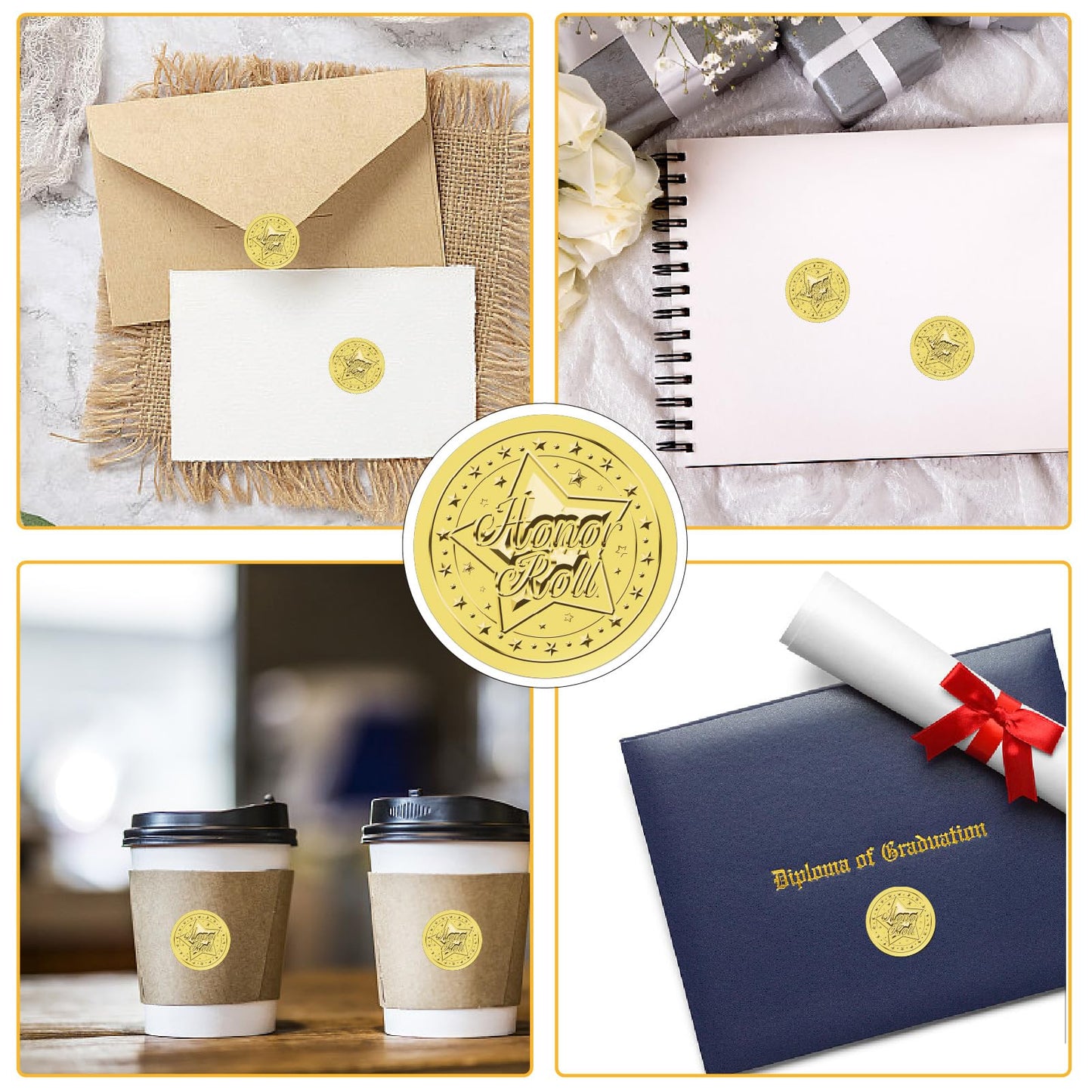 CRASPIRE 625Pcs Honor Roll Star Gold Certificates Stickers 1.5" Foil Embossed Self Adhesive Envelopes Seals Round Labels for Invitation Graduation Award Corporate Diplomas Wedding Gift Wrapping Decor