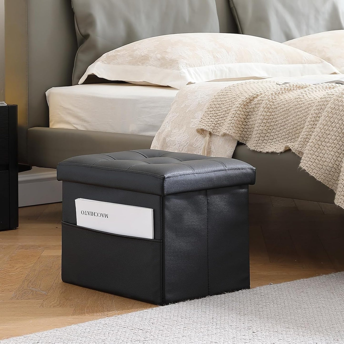 L17W13H13inches Collapsible Ottoman with Storage - Foot Rest Ottoman with Side Pocket - Black