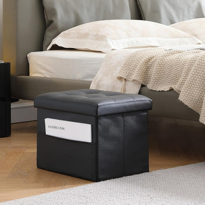 L17W13H13inches Collapsible Ottoman with Storage - Foot Rest Ottoman with Side Pocket - Black