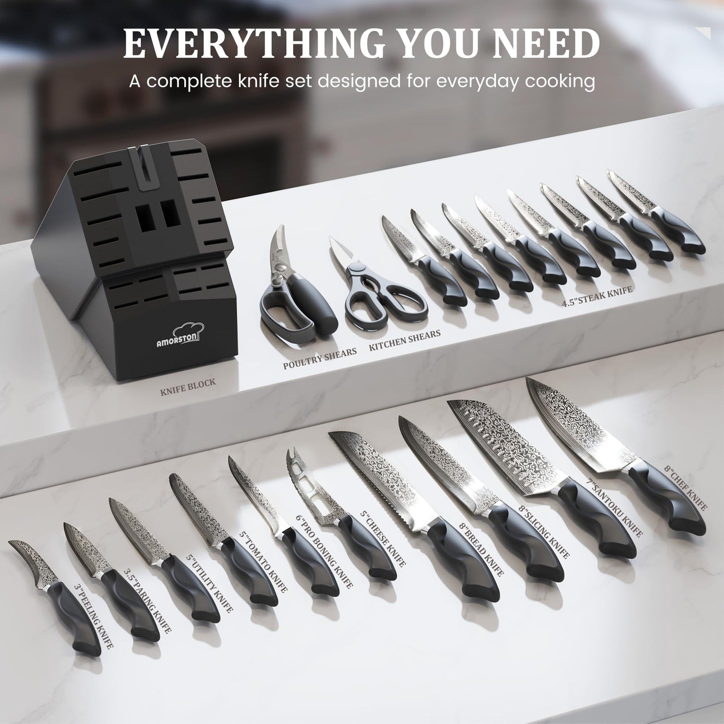Amorston 22 Pieces Knife Set, Laser Engraved High Carbon Stainless Steel Knife Block Set, Full Tang Professional Kitchen Knife Set with Built-in Sharpener, Mothers Day Gifts for Kitchen