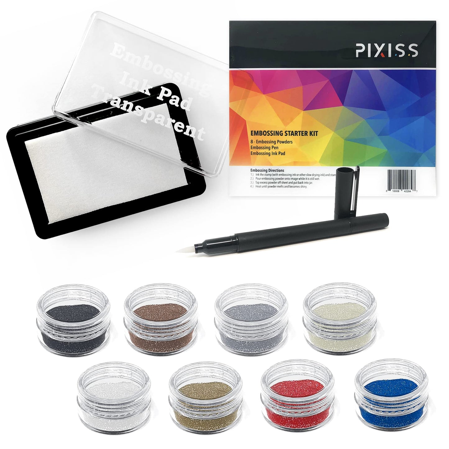 Embossing Kit with Heat Tool Bundle, Embossing Powders, Complete Embossing Starter Kit, Clear Embossing Pen, Embossing Ink Pad, 8X 10ml Embossing Powders for Crafts