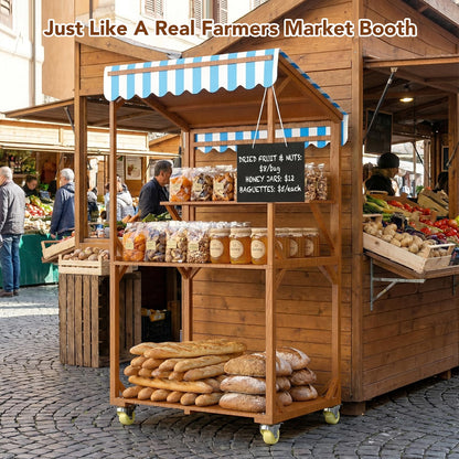 SUNRISELAND Wooden Farm Stand Cart, Solid Wood Farmers Market Stand with Wood Roof, Heavy Duty Display Table with Lockable Wheels, for Events & Small Business, Light Brown