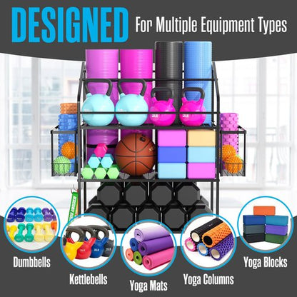 Houseables Workout Equipment Storage, Exercise Equipment Storage, Home Gym Organizer, Weight Rack for Home Gym, Kettlebell Rack, Weight Dumbbell Holder Cart, Yoga Organization Shelf, Rolling, 3 Tier
