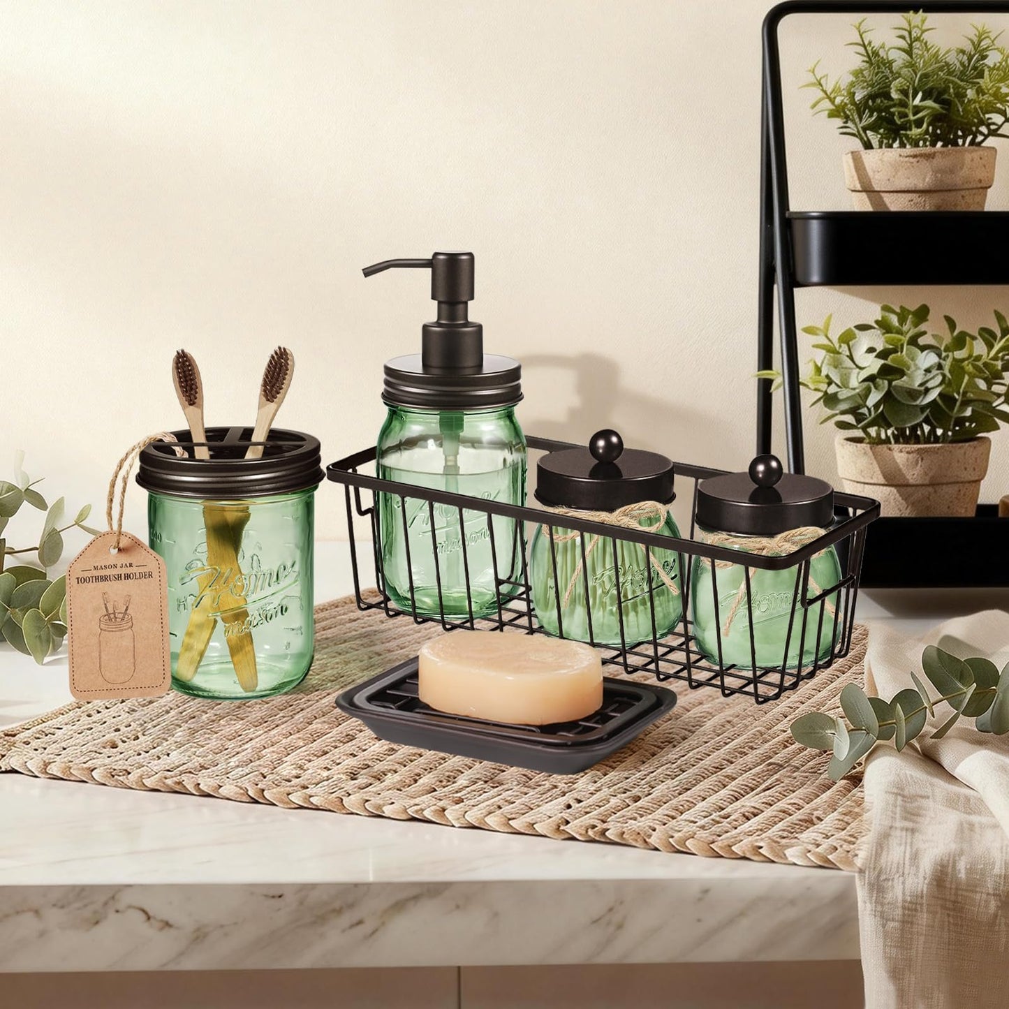 SheeChung Green Bathroom Accessories Set, 6Pcs Mason Jar Glass Bathroom Set, Lotion Soap Dispenser, Toothbrush Holder, Qtip Holder, Soap Dish, Metal Wire Basket, Rustic Farmhouse Bathroom Decor-Bronze