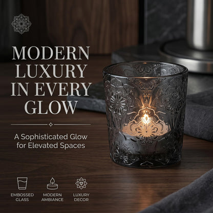 6 Pack Mandala Embossed Glass Candle Holders – Votive Tealight Holders with Patent Design, Decorative Embossed Glass Cups for Wedding Centerpieces, Parties, and Home Décor (Smoky Quartz)
