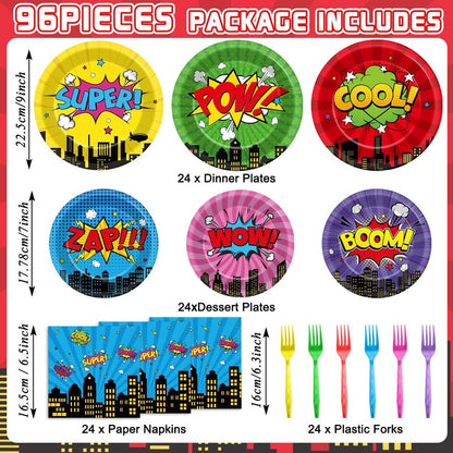 96Pcs Super Theme Hero Party Plates and Napkins Forks for Comic Heroes Birthday Decorations Hero's Action Sign Cityscape Buildings Tableware Set for 24 Guests Birthday Party Supplies Favors