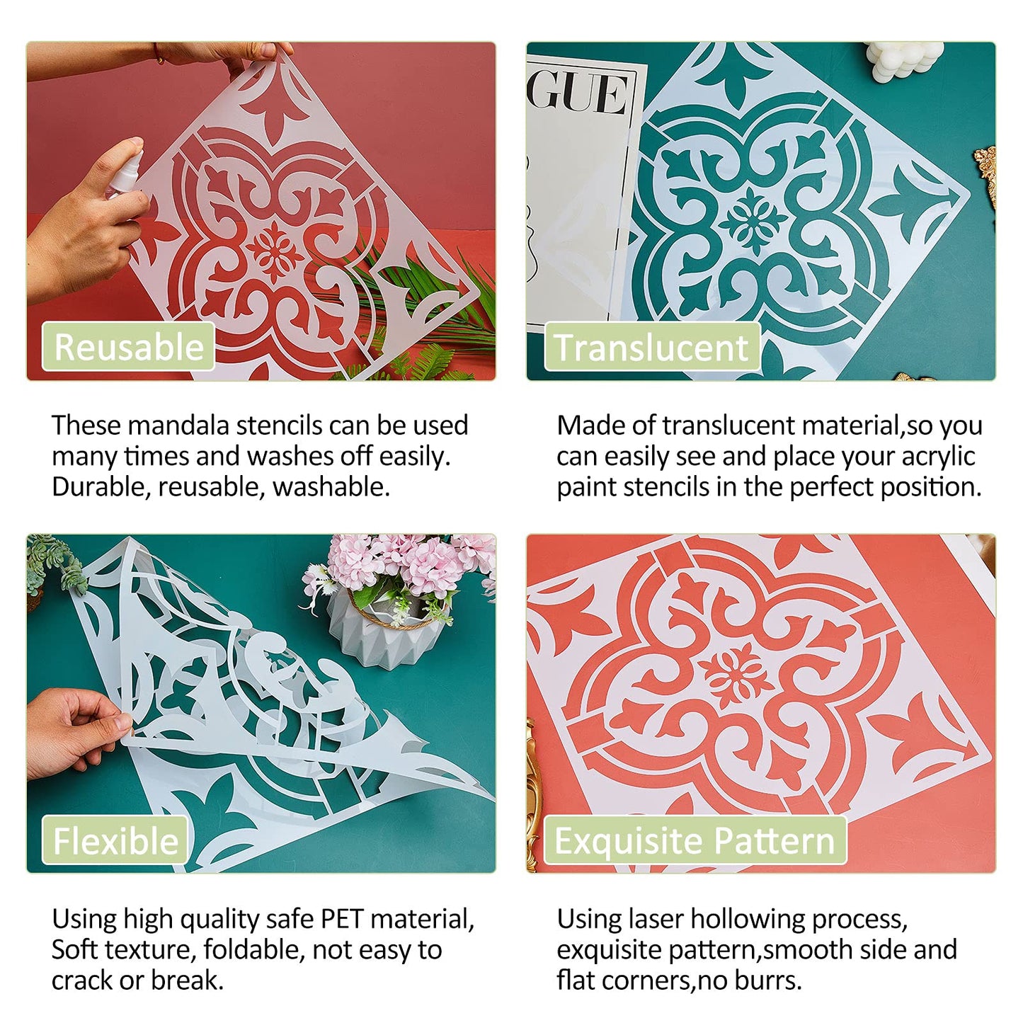 Mandala 6 Pieces Reusable Tile Stencil 12 x 12 Inches Wall Templates Tile Pattern Stencil Mandala Drawing Templates for DIY Scrapbooks Wall Floor Home Decors