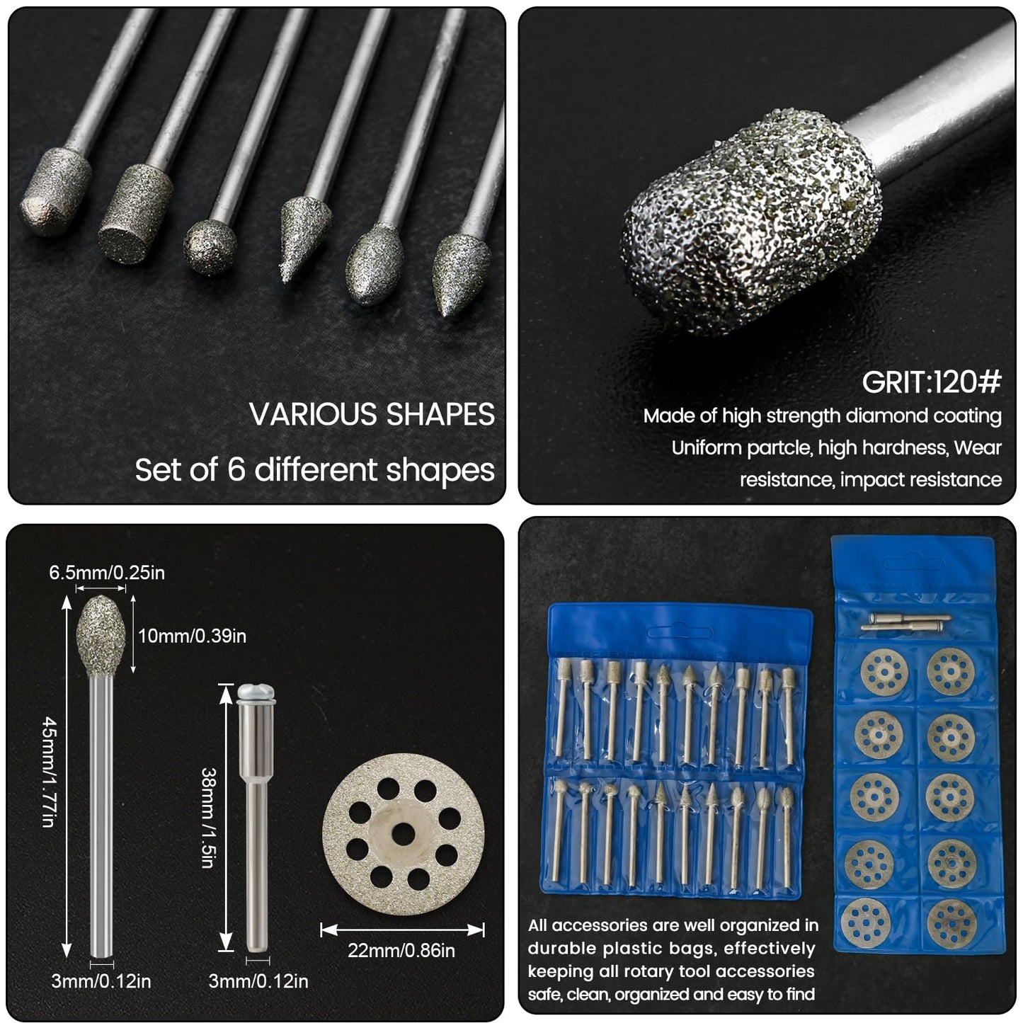 Diamond Burr Set for Dremel, Rotary Tool Diamond Cutting Wheel Stone Glass Tile Jewelry Rock Engraving Bits 1/8" Diamond Grinder Bits Set Carving Cutter Metal Engraver Kit - 32pc Set