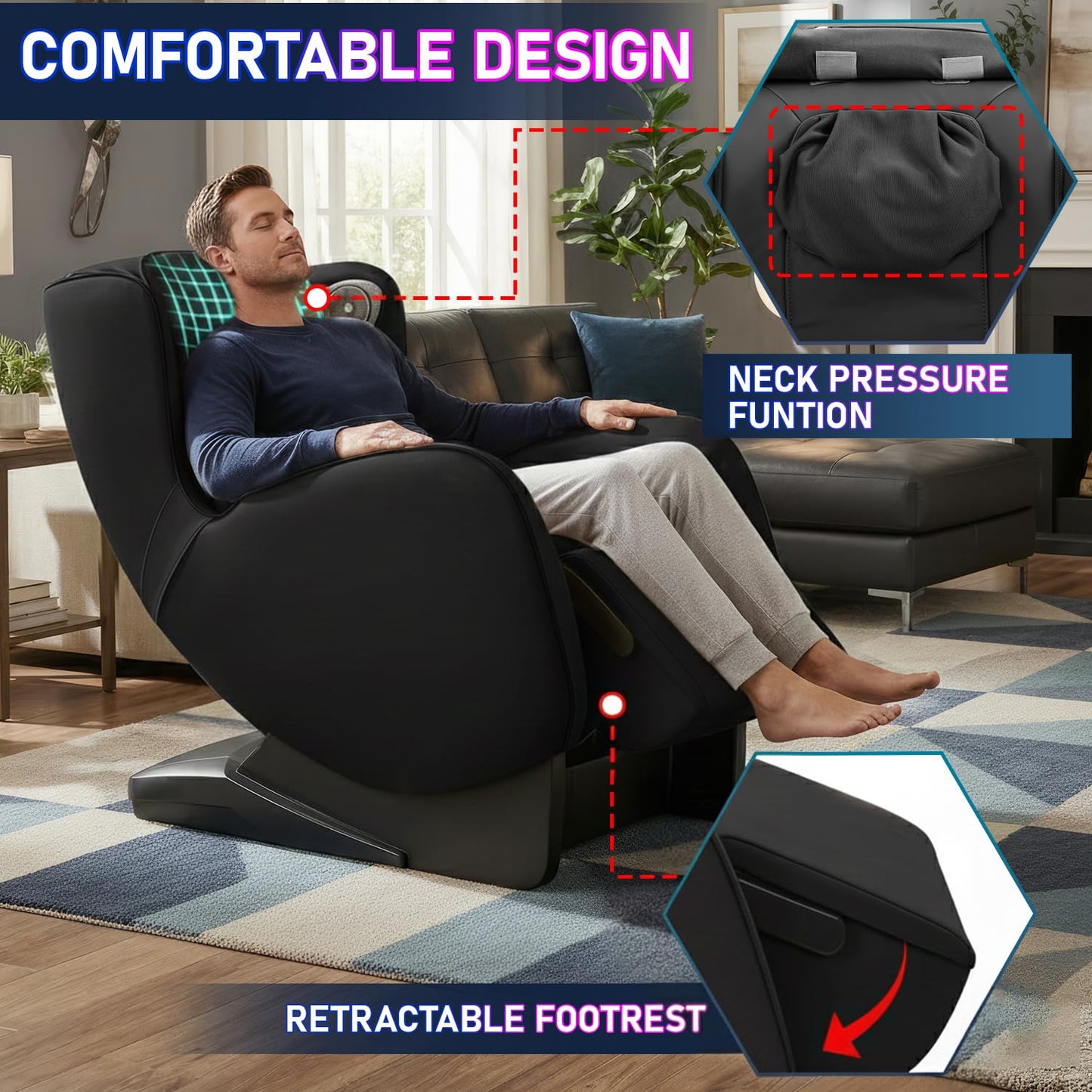 BestMassage Full Body Massage Chair,Speed Adjustment Zero Gravity Massage Ergonomic Armrest Chair with LED Ambient Lighting, Manual Control Panel Bluetooth Music and Movable Casters (Black)