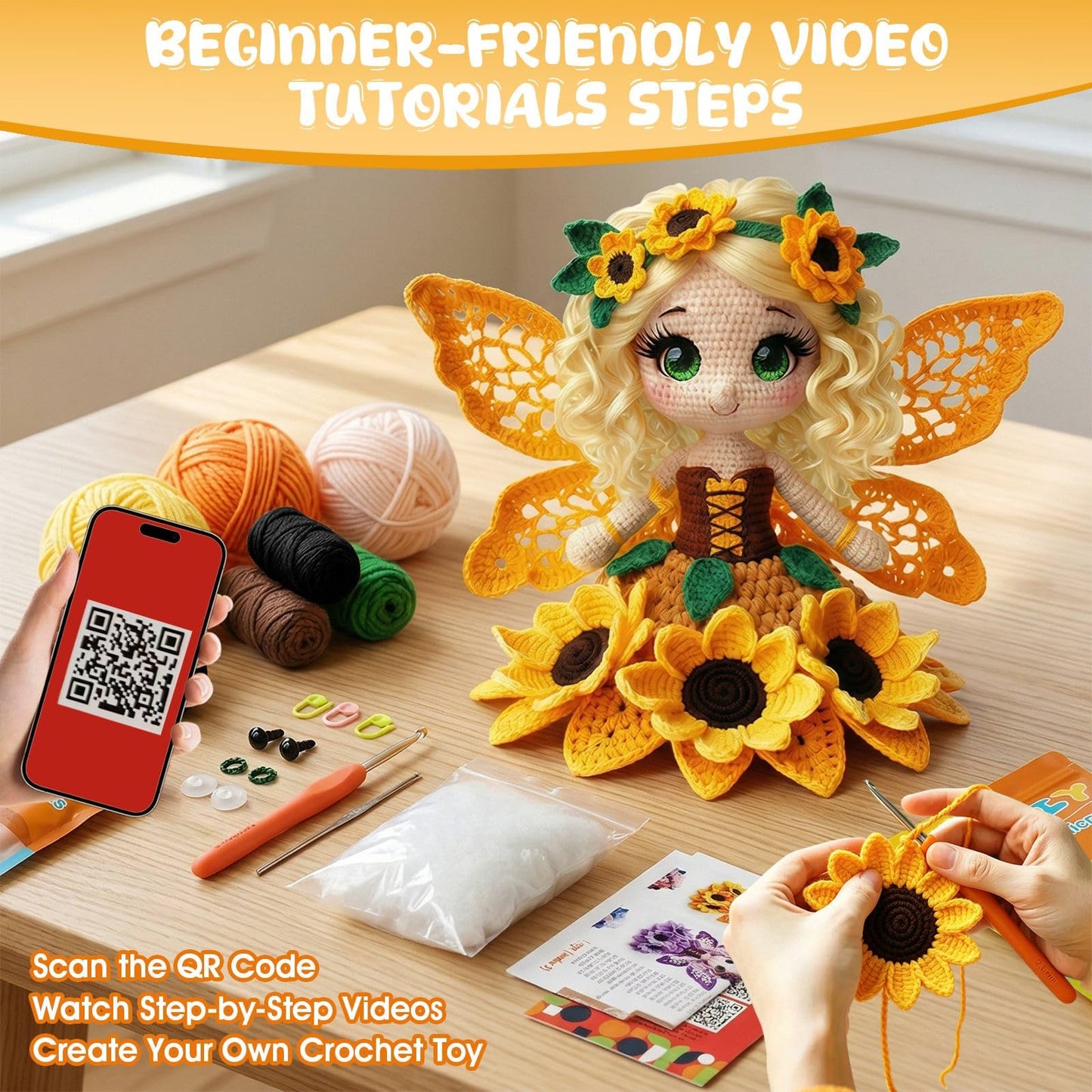 Morcolplus Sunflower Crochet Kit for Beginners & Adults, Amigurumi Crochet Flower Starter Kit with Video Tutorials, DIY Yarn Craft Kit, Handmade Sunflower Doll Gift for Women & Home Decor