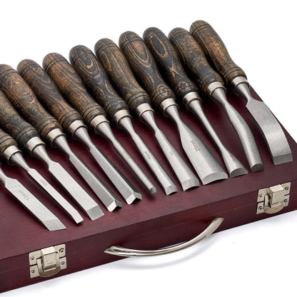 SELFIE CAT 12 Piece Wood Chisel Set for Woodworking Tools Wood Carving Tools with Wooden Case Wood Carving Kit for Beginners and Professionals Black Walnut