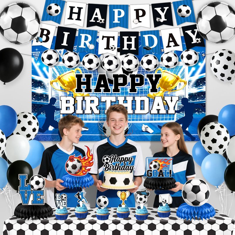 Soccer Birthday Party Decorations, 44Pcs Soccer Party Decorations with Happy Birthday Backdrop Tablecloth Foil & Latex Balloons and Cake Toppers Honeycomb Centerpieces for Boys’ Sports Party Supplies