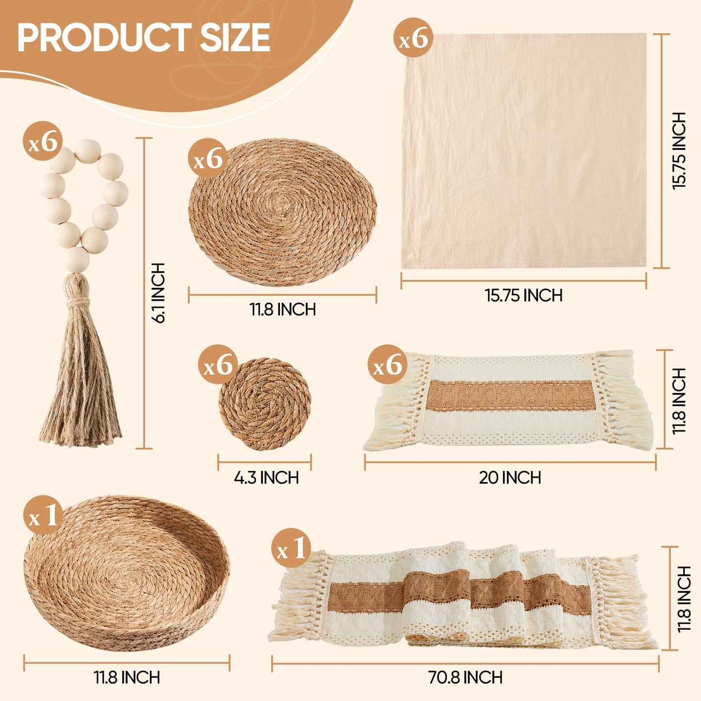 Swiscena 32 Pcs Boho Placemats Table Setting Set (6 Sets),Hand-Woven Natural Water Hyacinth Mats,Cloth Napkins,Napkin Rings,Linen Runner,Storage Basket&Coasters,Boho Kitchen Decor Dining Table Decor