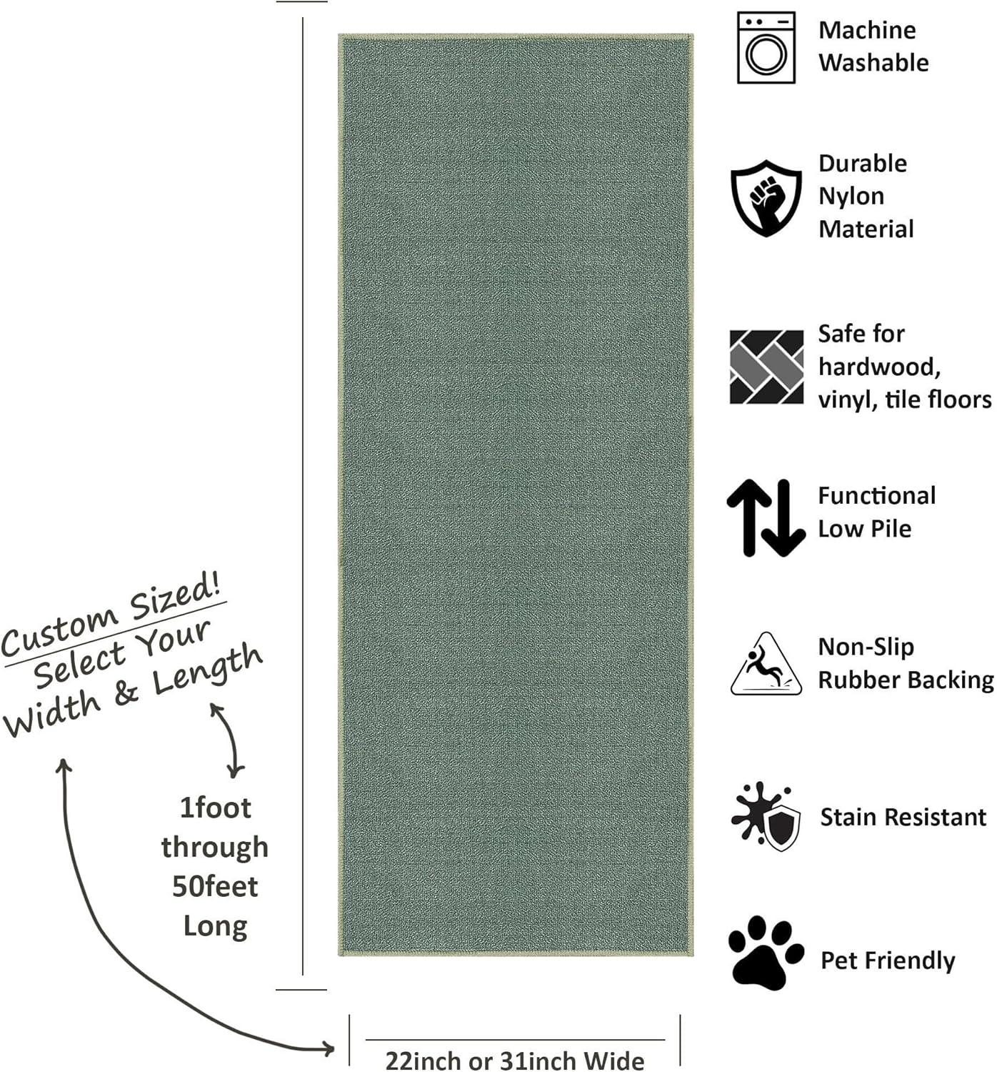 Kapaqua Solid Color Runner Rug, Non Slip Rubber Backing, Custom Length for Hallway Stair Kitchen Living Room, Hunter