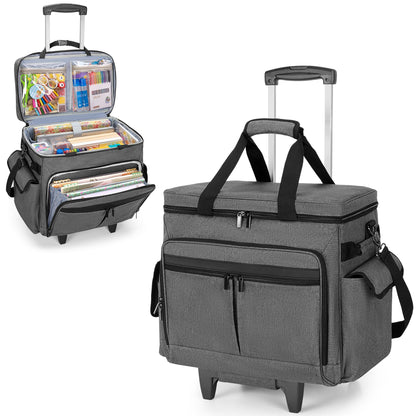 Trunab Rolling Scrapbook Tote with Expandable File Pocket, Large Craft Organizer and Storage Bag with Detachable Trolley and Bottom Support Panel for Scrapbooking Supplies and Art Tools, Grey