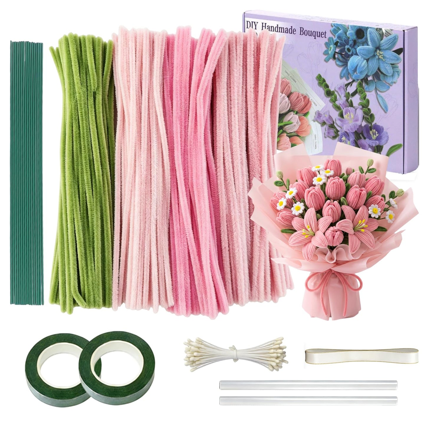 houlishu 400 Pcs Pipe Cleaners Craft Kit - 300 Pink 100 Green Chenille Stems with Floral Wires Stamens Ribbon Adhesive Tapes for DIY Flower Making