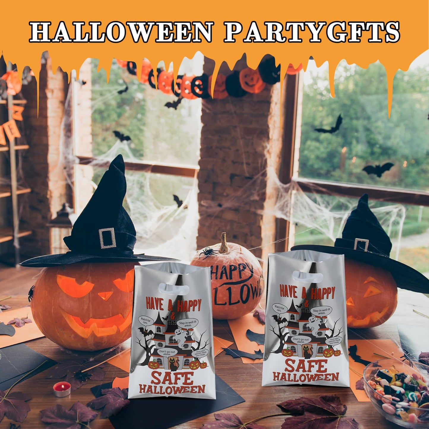 Hosuly 100 Pcs Halloween Reflective Goodie Bags Bulk Have a Safe&happy Halloween Plastic Gift Bags Safety Tips Treat with Handles for Trick or Treat Theme Party Favors