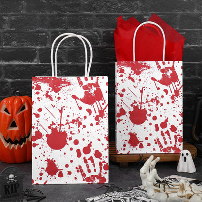 JarThenaAMCS 24 Pcs Halloween Paper Gift Bags with Handles and Tissue Paper Red Bloody Handprint Party Favor Bags for Gift Candy Goodie Snacks Trick or Treat Wrap Party Favors Supplies Decorations
