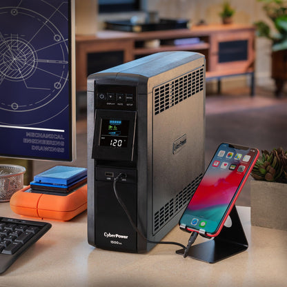 CyberPower CP1500PFCLCD PFC Sinewave UPS Battery Backup and Surge Protector, 1500VA/1000W, 12 Outlets, AVR, Mini Tower; UL Certified