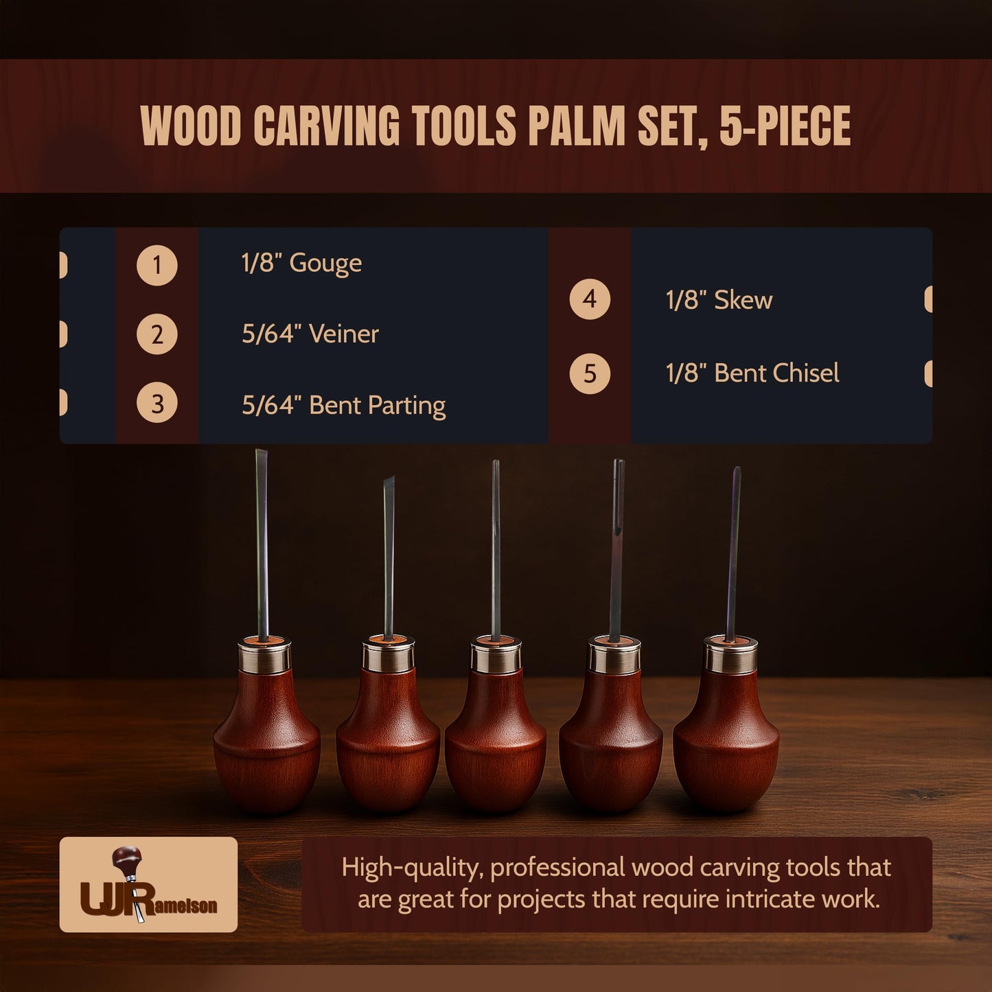 UJ Ramelson Wood Carving Tools Palm Set for Woodworking, Fine Miniature Detail, Stamp Making, Tile Etching, Mini Chisel and Gouge, 5 Pieces