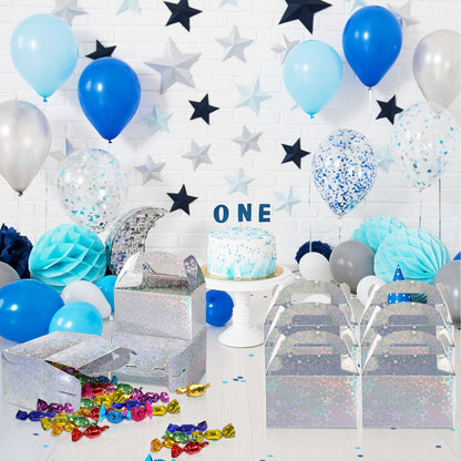 Naleyber Iridescent Star Party Favor Treat Box, 24pcs Holographic Gable Boxes for Candy Snacks Gifts, Shiny Goodie Boxes for Birthday parties