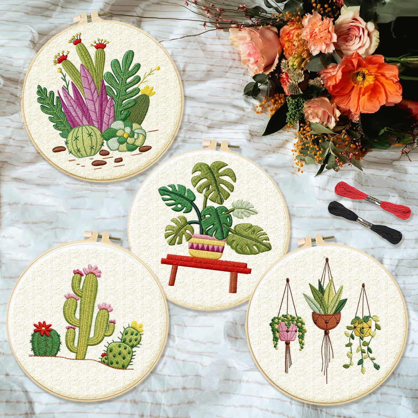 INFUNLY 4 Pack Tropical Plants Embroidery Kit for Beginners Adults Cactus Embroidery Starter Kit Punch Needle Embroidery Kits Palm Leaf Cross Stitch Kits with Patterns Instructions for DIY