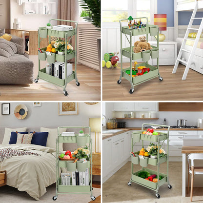 Foldable 3 Tier Rolling Cart, Metal Utility Cart, Folding Mobile Multi-Function Storage Trolley Organizer Cart for Home Library Office(Green)