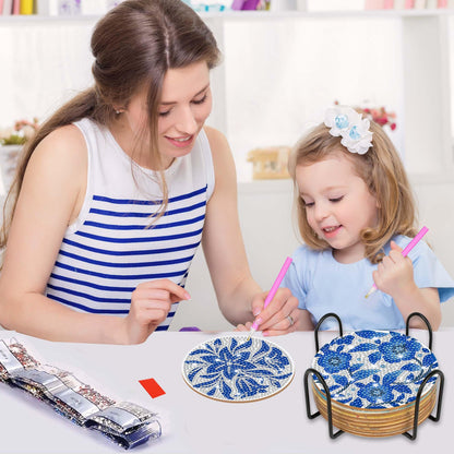 Blue Floral Diamond Art Coasters, 8pcs Blue and White Chinoiserie Floral Diamond Painting Coaster Kit, Elegant Flower Diamond Art with Holder Cork Pads, DIY Craft for Adults Beginners Home Decor Gifts