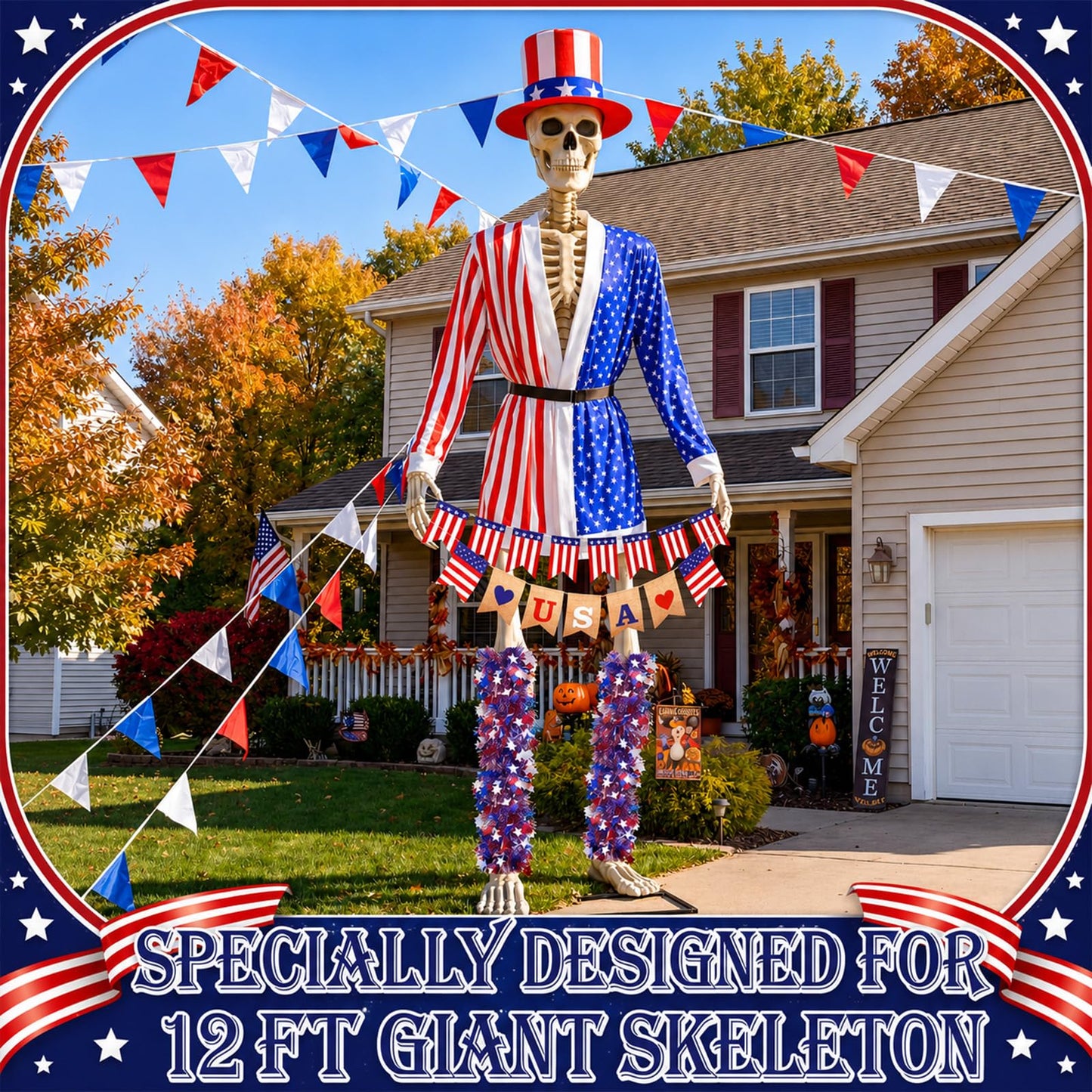 Ramede 8 Pcs 4th of July 12 ft Skeleton Outfit Accessories, Patriotic Red White Blue Hat USA Star Stripes Coat Banners & Tinsel Garlands for 12 Foot Skeleton Costume 250th Anniversary Outdoor Decor