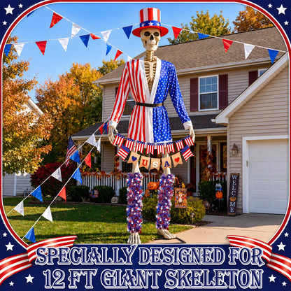 Ramede 8 Pcs 4th of July 12 ft Skeleton Outfit Accessories, Patriotic Red White Blue Hat USA Star Stripes Coat Banners & Tinsel Garlands for 12 Foot Skeleton Costume 250th Anniversary Outdoor Decor