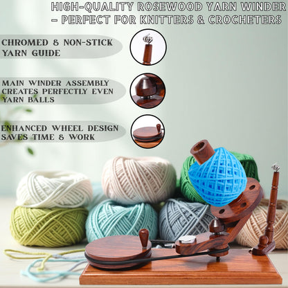 Bhartiya Handicrafts Wooden Yarn Ball Winder & Table Top Swift Set, Hand Operated Rosewood Combo Winder, Large Capacity 8 to 10 oz Yarn Fiber Winder, Wool String Swift Winder (Rosewood Winder & Swift)