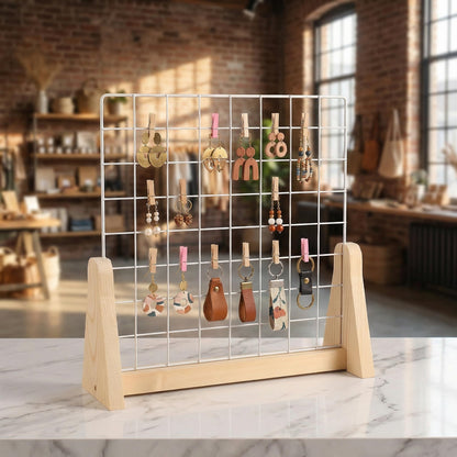 WANMEIZI 15.7”X15.7” Grid Wall Countertop Display Stand Metal Grid Wall Stand with Mini T-Base Portable Tabletop Display Unit with 20 Small Clips for Shows Retail Crafts Artistic Drawings Photos