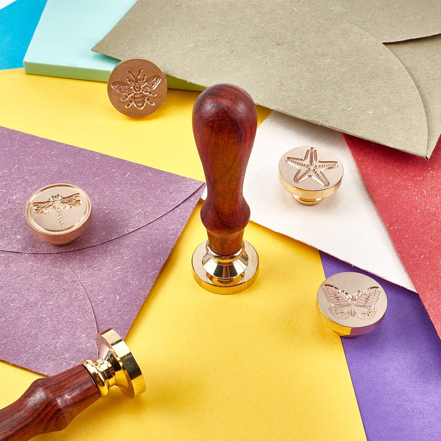 CRASPIRE Wax Seal Stamp Set Butterfly Dragonfly Bee Mermaid 6pcs Sealing Wax Stamp Brass Heads +2 Wooden Handles Retro 25mm Removable Brass Stamp Kit for Envelopes Invitations(Insect Ocean Series)