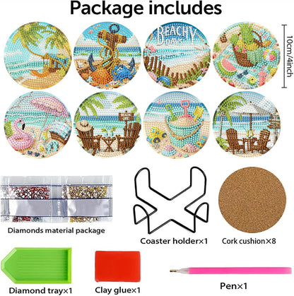 8 PCS Diamond Art Coasters Kits Beach Diamond Painting Coaster Kits Diamond Coasters with Holder Cork Pads Gem Art Dots Paintings Crafts Supplies for Adults Beginners