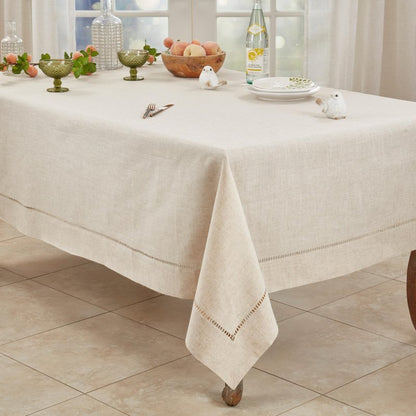 SARO LIFESTYLE Poly and Linen Blend Toscana Tablecloth with No Hemstitch Border, Natural, 90"x156"