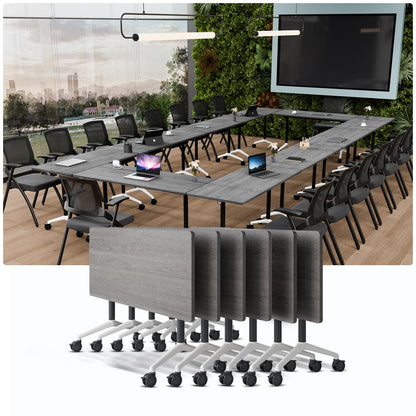 JNMDLAKO Modular Folding Conference Table with Locking Wheels, 10 Pack Flip Top Mobile Training Table, Modern Meeting Seminar Tables for Office, Hotel Conference Room(10,Grey,55" L x 21" W x 29" H)