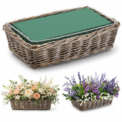 Dandat 1 Set Rectangular Wicker Planter Box for Centerpieces Rattan Planter Basket Kit with Floral Foam & Clear Plastic Liners for Wedding Table Decor, Gardening & Home Decoration