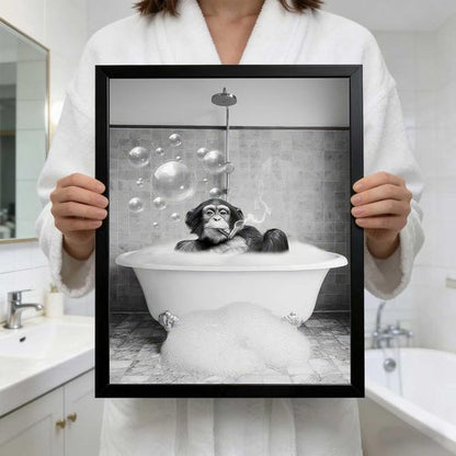 Chimpanzee Art by Framed | Fun Black and White Bathroom Canvas | Retro Animal Decor 8x10 Inches