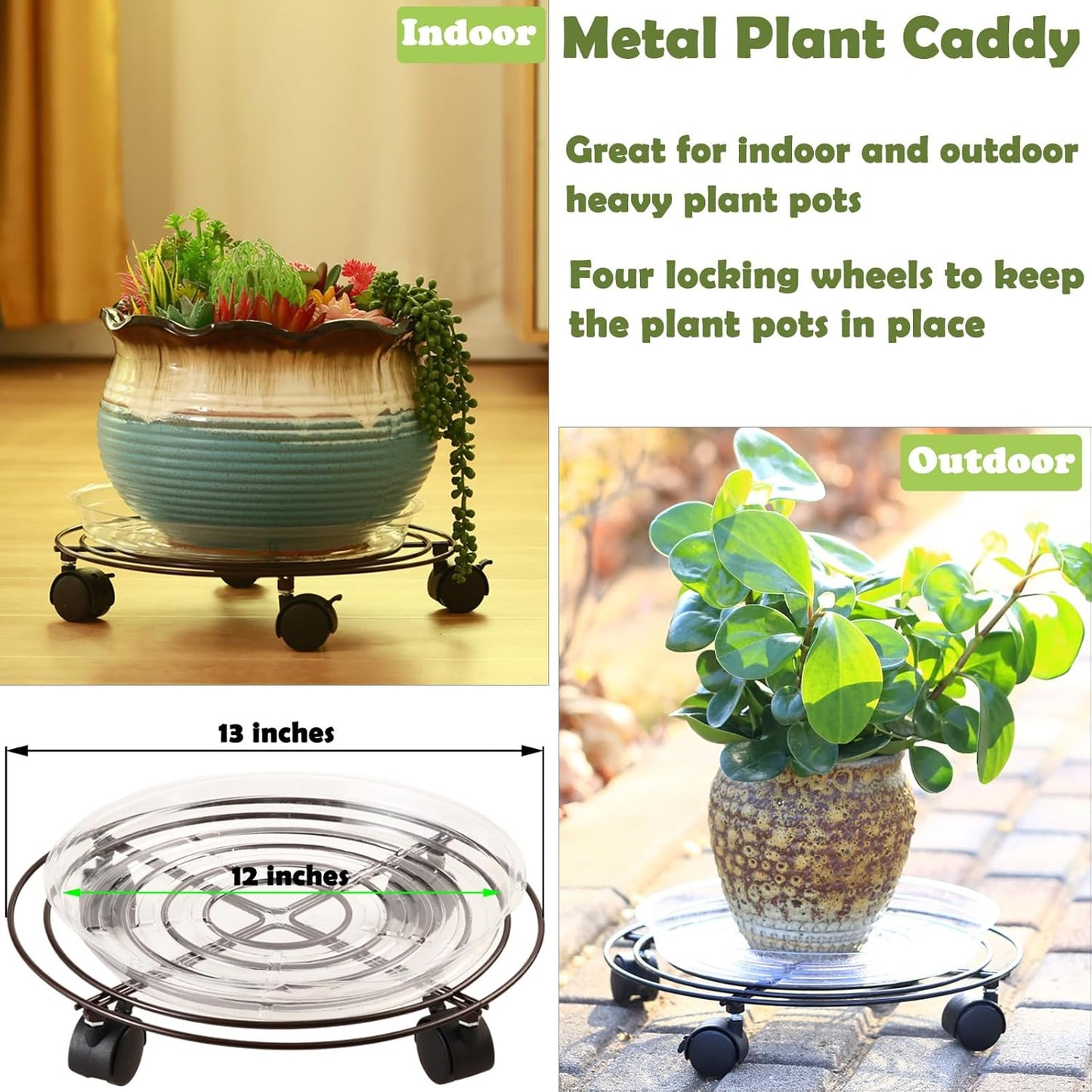 3 Packs 13" Large Metal Plant Caddy with Wheels Heavy-duty Wrought Iron Rolling Plant Stands with Casters Plant Dolly