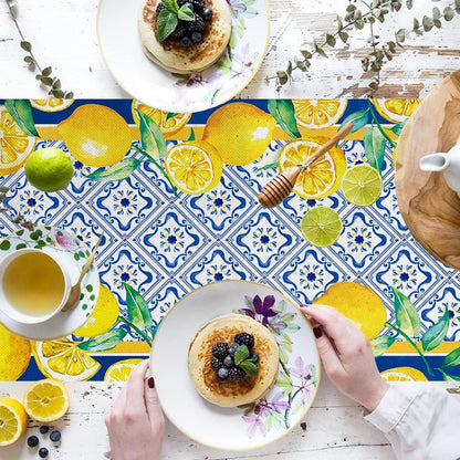 13x72 Inch Capri Blue Lemon Table Runner Italy Tile Burlap Artificial Yellow Lemon Fruit Table Runners Farmhouse Coffee