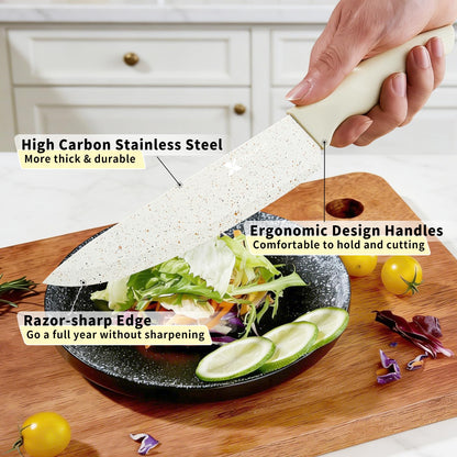 XANAPON Knife Set, Dishwasher Safe Kitchen Knife Set, CreamWhite Ergonomic Handle and Ceramic-Coated Blades, Built-in Sharpener Block, Sturdy German Stainless Steel