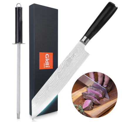 Gidli 8 Inch Chef Knife with Diamond Sharpener - Sharp German Carbon Stainless Steel Kitchen Knife for Precision Cutting - Ergonomic Wooden Handle for Comfortable Slicing and Chopping