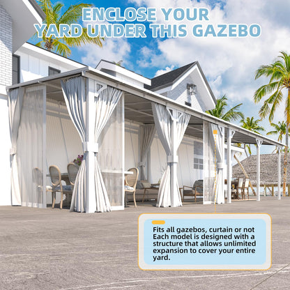 AECOJOY 14'x10' Outdoor Lean to Gazebo with Curtains and Mosquito Netting for Patio, Hard Top Wall Mounted Pergolas and Gazebos Clearance, Large Heavy Duty Metal Awnings for Decks in White