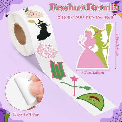 GUjianzhi 1000Pcs Witch Musical Stickers, Pink Crown Black Hat Green Broom Adhesive Decals for Kids Girls, Wicky Witch TV Movie Merchandise Party Decoration for Birthday Gifts Laptop Guitar Luggage