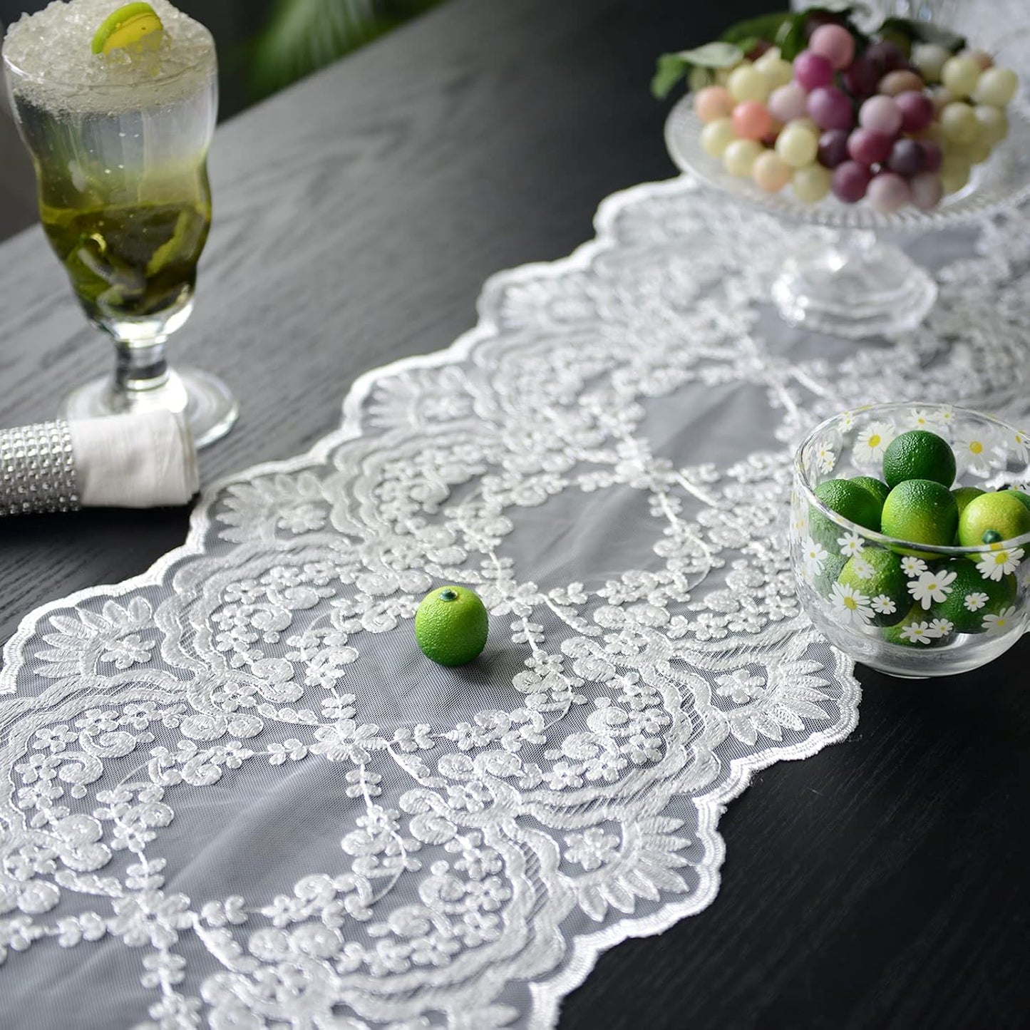 12"108") SUTAVIA Lace Patio Table Runner Embroidered Dresser Scarf Classic Rectangular Macrame Tablerunner for Kitchen