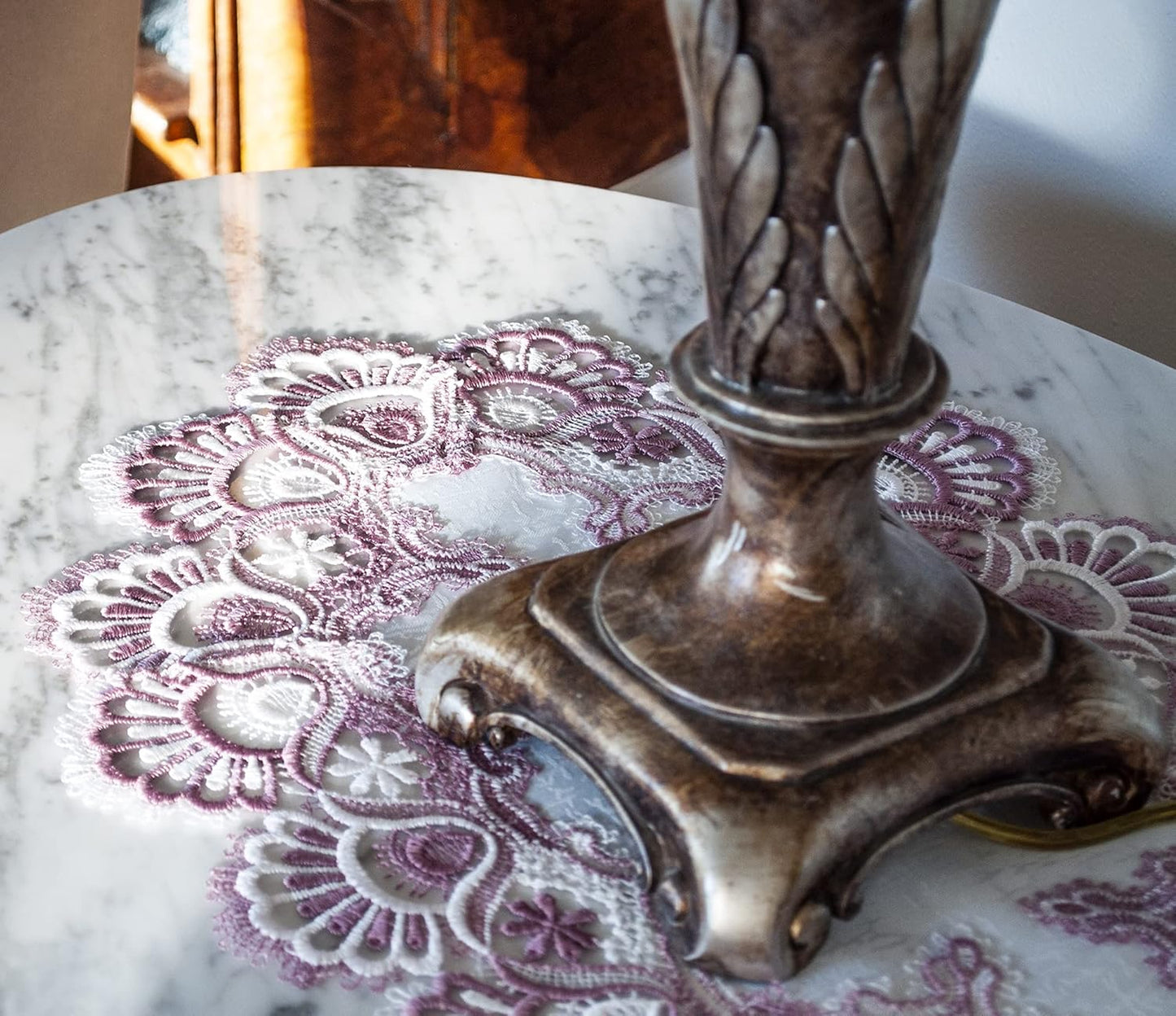 White Mauve Rose Jacquard Lace Doily, Placemats, Dresser Scarf, Table Runner Set of 2 (14Wx21L)