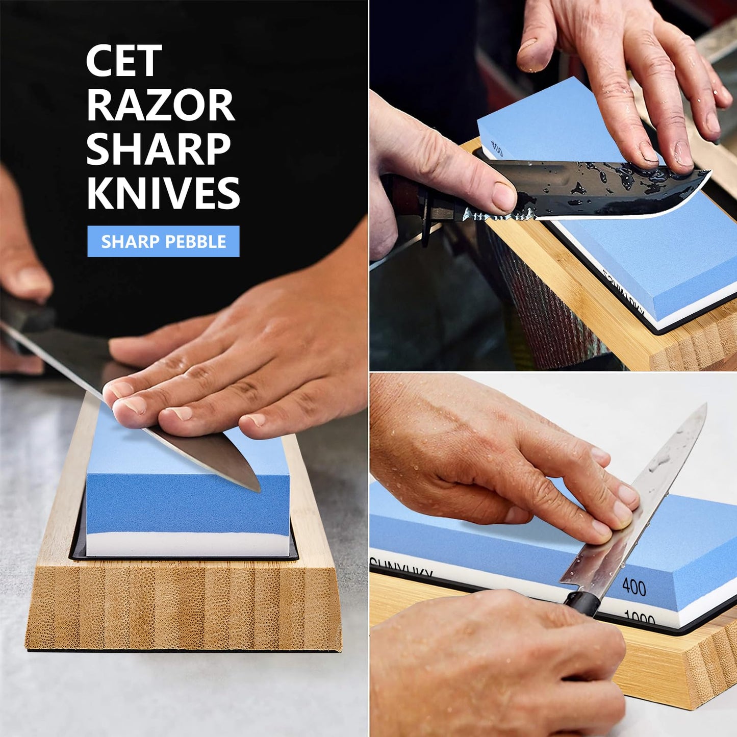 Knife Sharpening Stone 400/1000 Grit, Whetstone 2-in-1 Professional Sharpening Stones for Knives, Sharpener Stone with Non-Slip Bamboo Base, Kitchen Knife Sharpener for Straight & Serrated Edges
