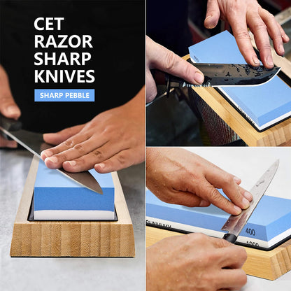 Knife Sharpening Stone 400/1000 Grit, Whetstone 2-in-1 Professional Sharpening Stones for Knives, Sharpener Stone with Non-Slip Bamboo Base, Kitchen Knife Sharpener for Straight & Serrated Edges