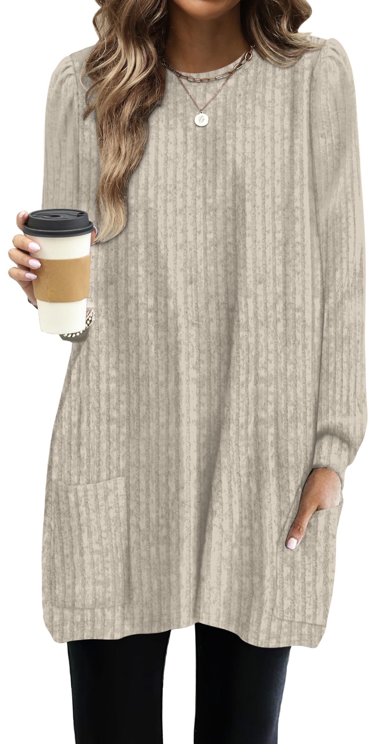 OFEEFAN Long Sleeve Shirts for Women Long Sweaters with Pockets Tunic Tops Loose Fit